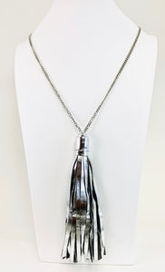 Tassel Necklace Metallic Silver Leather