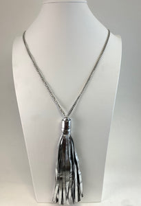 Tassel Necklace Metallic Silver Leather